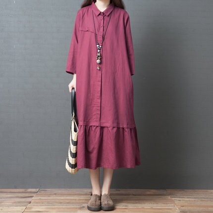 Spring New Korean Style Loose Large Size Women's Fashion Comfortable Solid Color Cotton Linen Dress