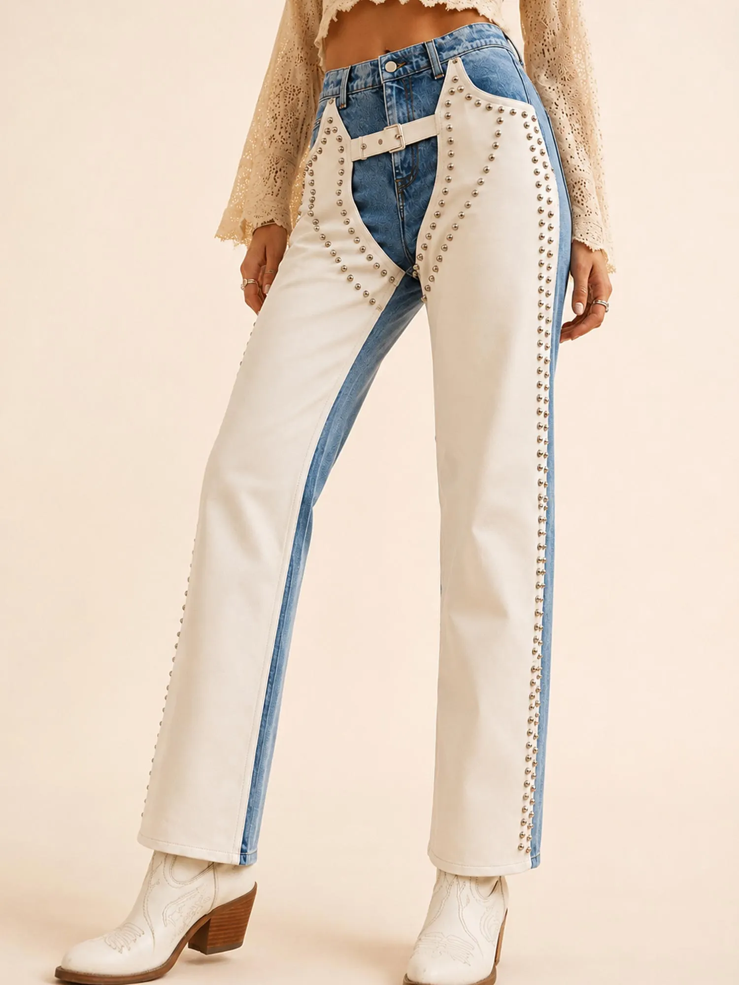 Perfect for Country Music Festivals &mdash; White and Blue Studded Chaps Patchwork Soft Cotton Denim Jeans（Belt not included）