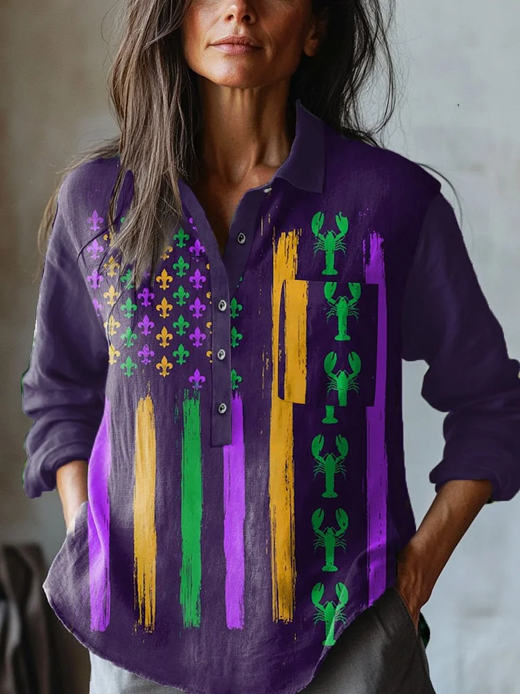 Women's   Mardi Gras  Art Print Casual Cotton And Linen Shirt