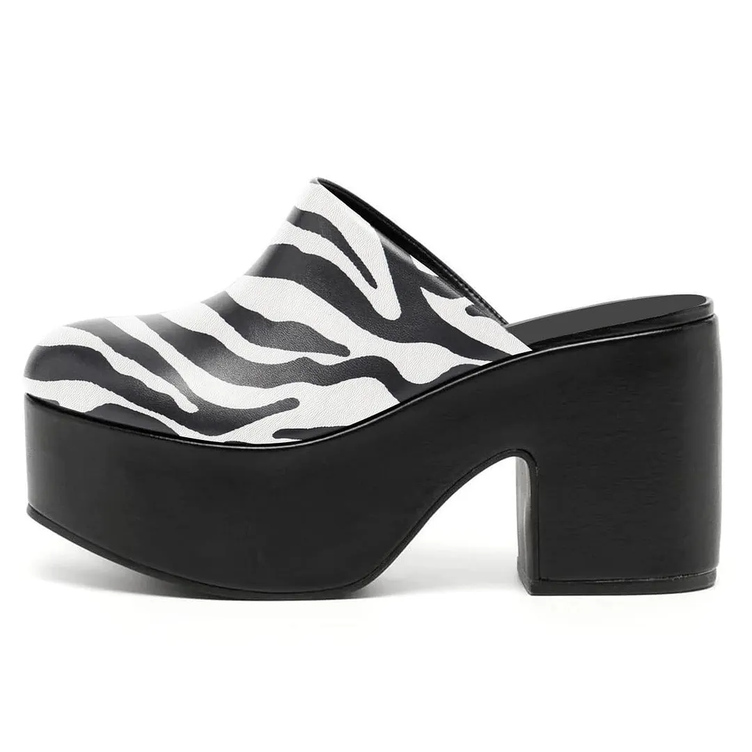 Black & White Block Heel Zebra Print Platform Women's Mules Shoes