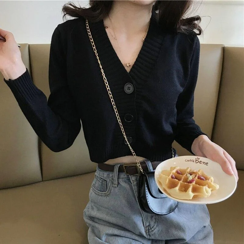Women's Cropped Cardigan Sweaters Female Black White Short Sweater V Neck Single Breasted Sweater Woman Knitted  Korean Tops