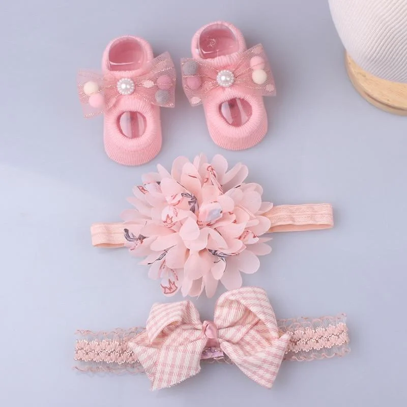 3Pcs/Set Lace Flower Baby Girl Headband Socks Set Crown Bows Newborn Hairband Headbands For Girls Turban Baby Hair Accessories