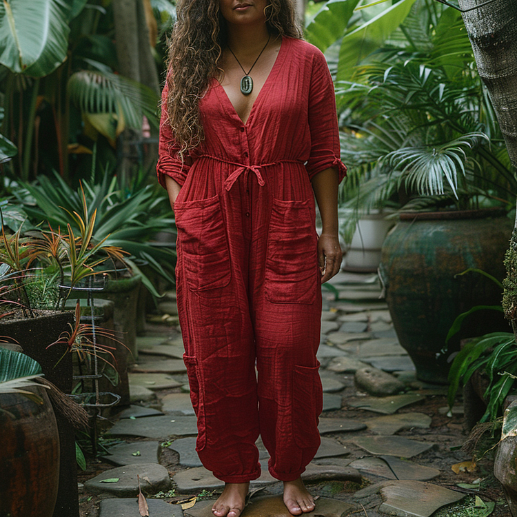 Plus Size Women's Linen Retro Ethnic Style Oversized Comfortable Breathable V-Neck Jumpsuit Holiday Comfortable Casual J