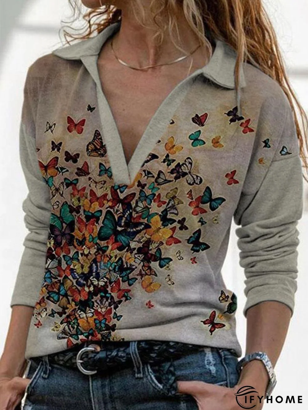 Women's Vintage V-neck Geometric Butterfly Print Casual Top | IFYHOME
