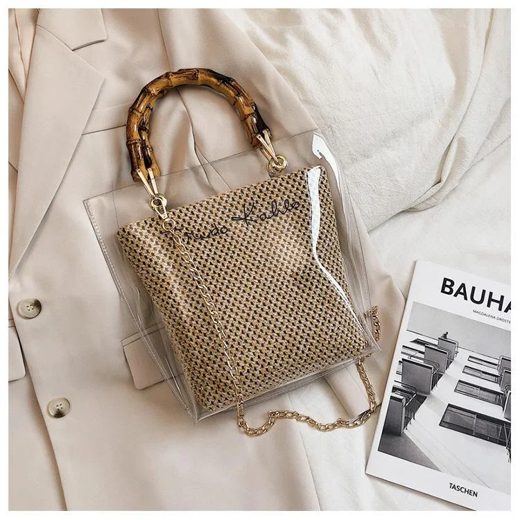 Transparent Straw Single Shoulder Bag Cross Body Bag Handbag With Chain