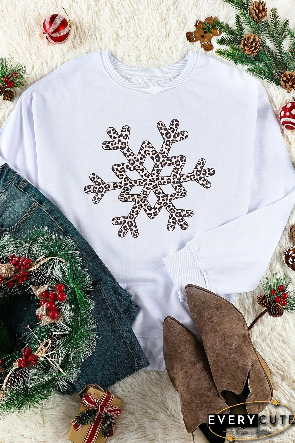White Leopard Snowflake Pullover Sweatshirt