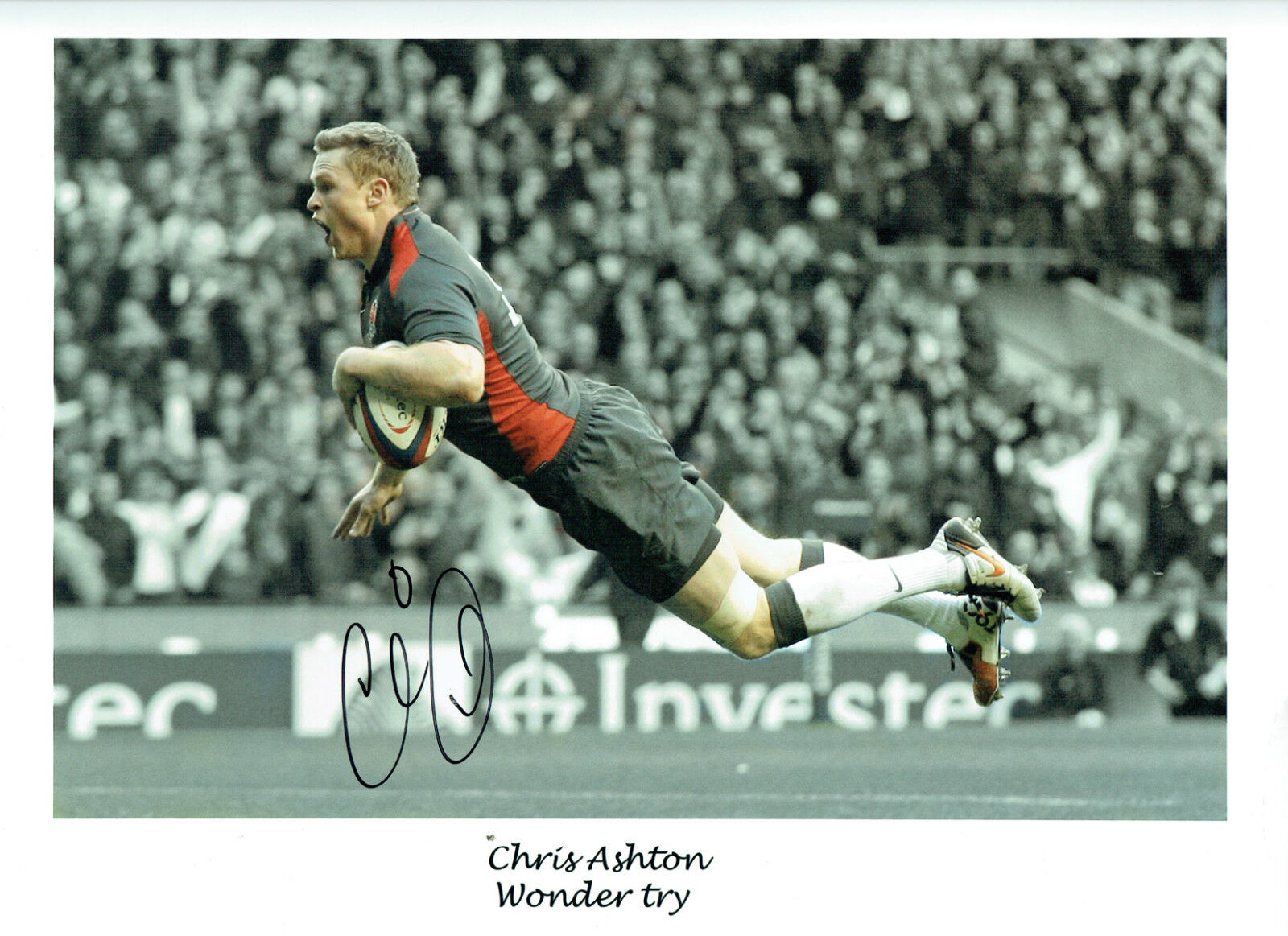 Chris ASHTON Signed Autograph 16x12 RARE ENGLAND RUGBY TRY Photo Poster painting AFTAL COA