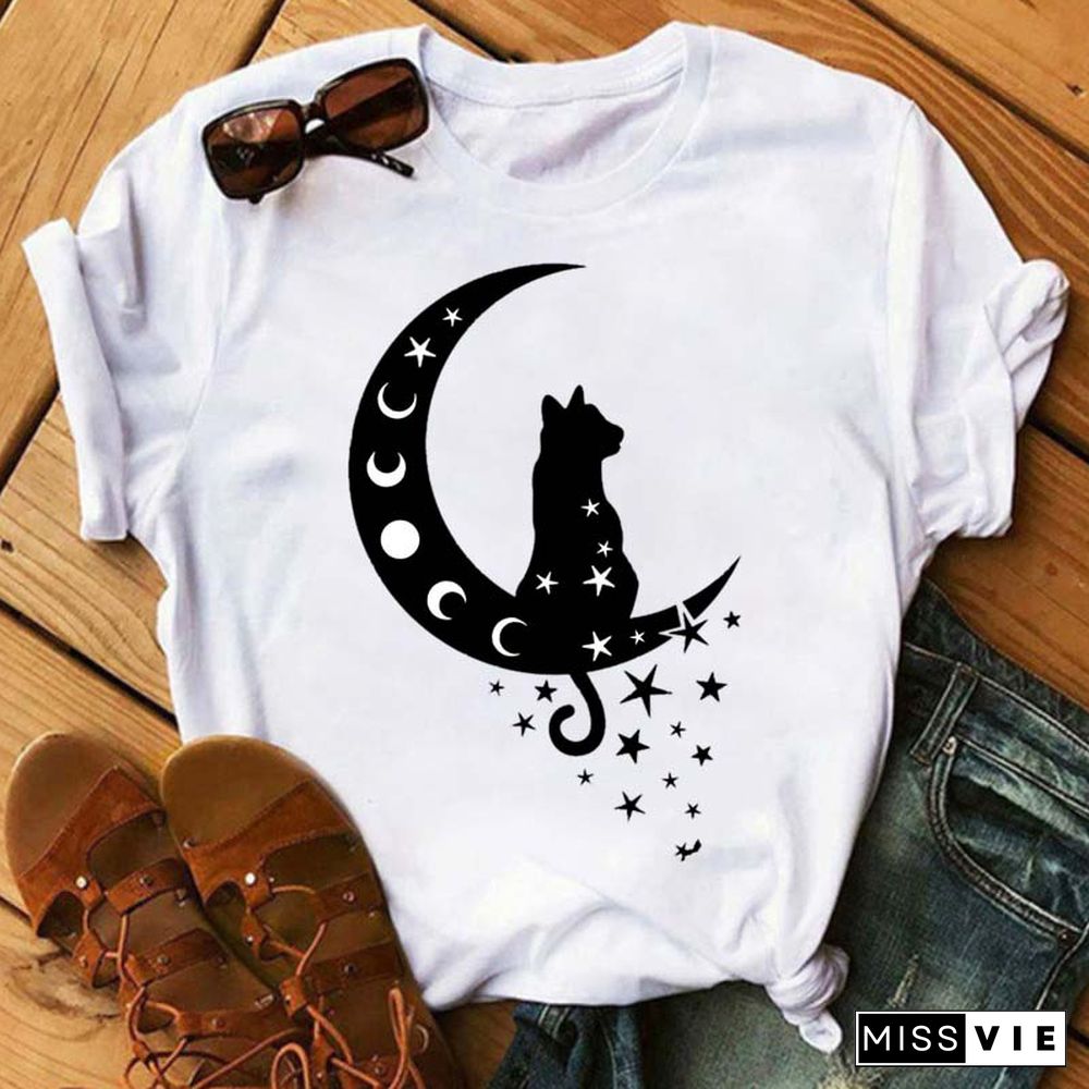 Maycaur Women Harajuku T Shirt New Moon Star Printed T Shirt O-Neck Summer Short Sleeve Tees Women Clothes Graphic T Shirts