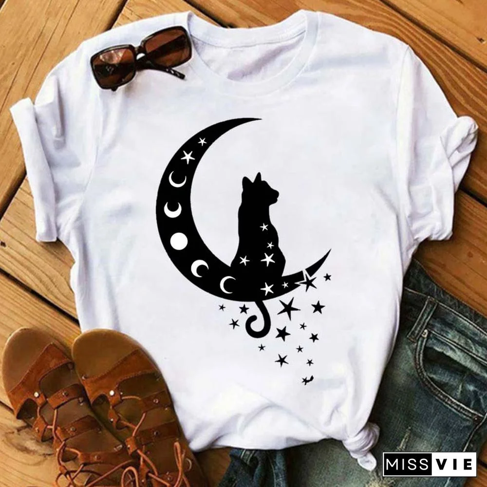 Maycaur Women Harajuku T Shirt New Moon Star Printed T Shirt O-Neck Summer Short Sleeve Tees Women Clothes Graphic T Shirts