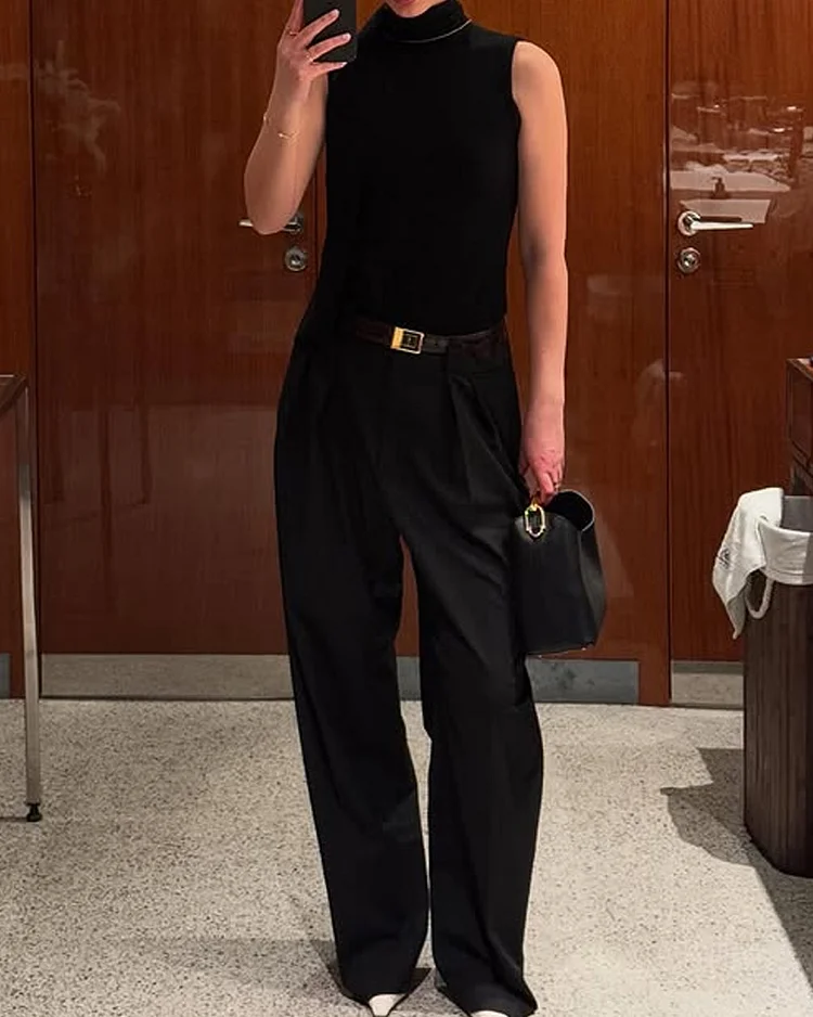 Sleeveless high collar solid color two piece suit