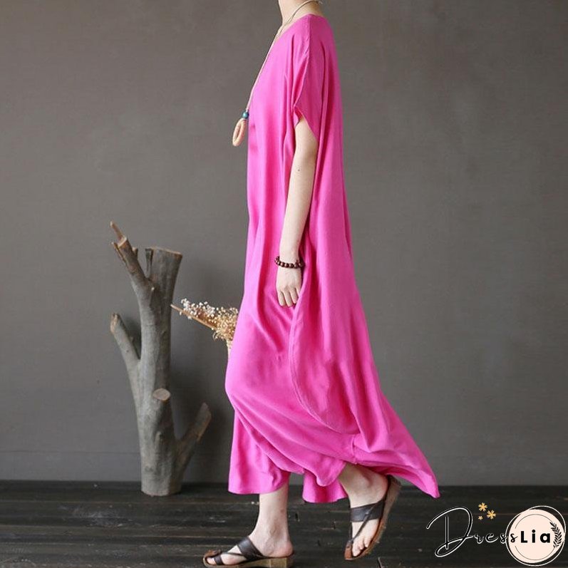 Women Cotton Short Sleeve Plain Pink Loose Dress