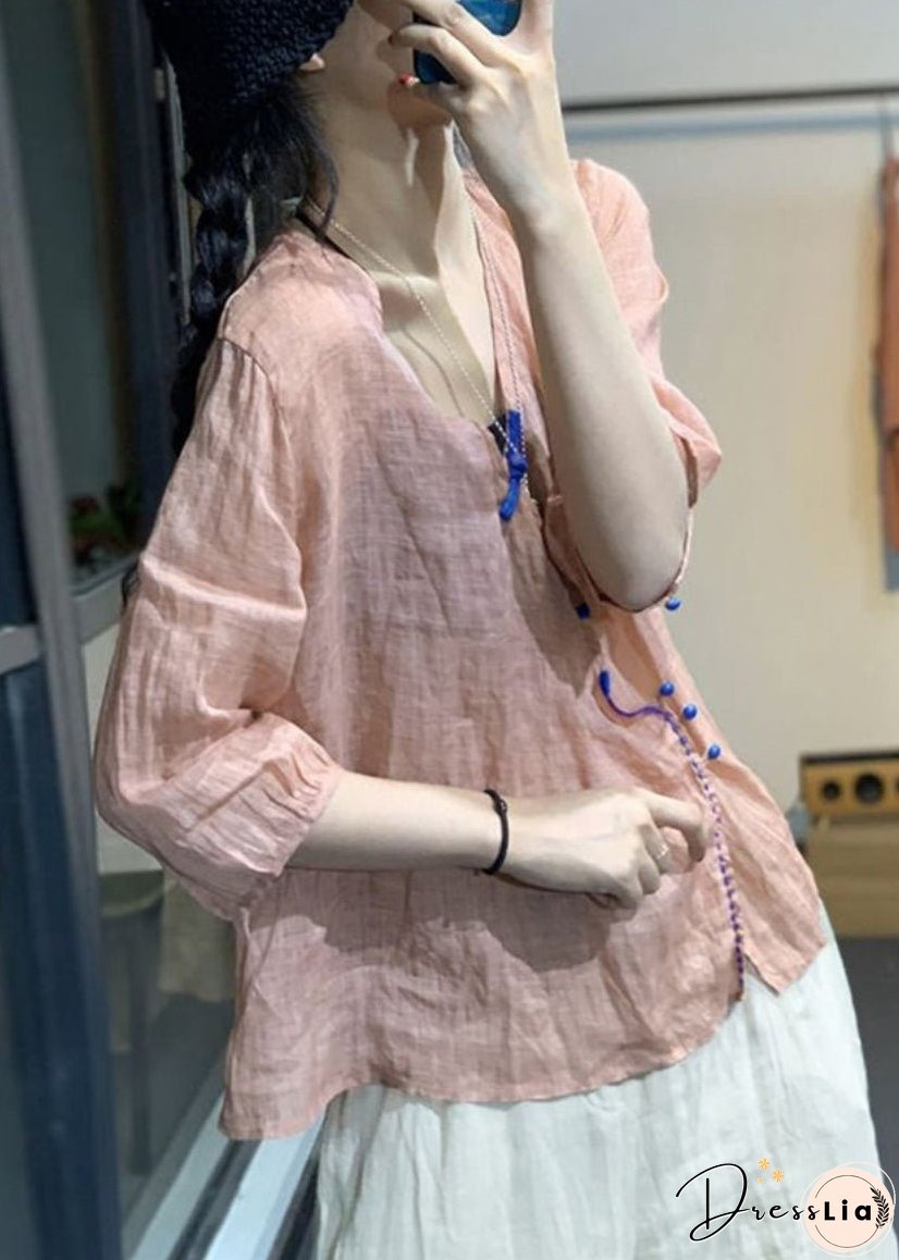 French Pink V Neck Button Cotton Shirt Bracelet Sleeve