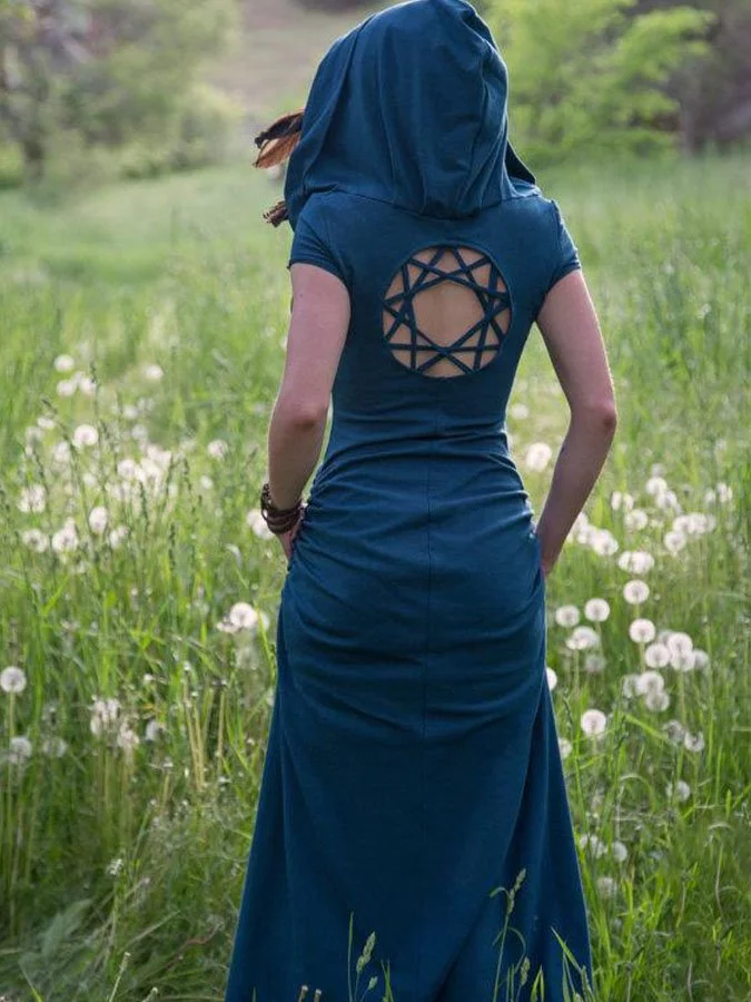 Women's Solid Tribal Print Short Sleeve Hooded Dress