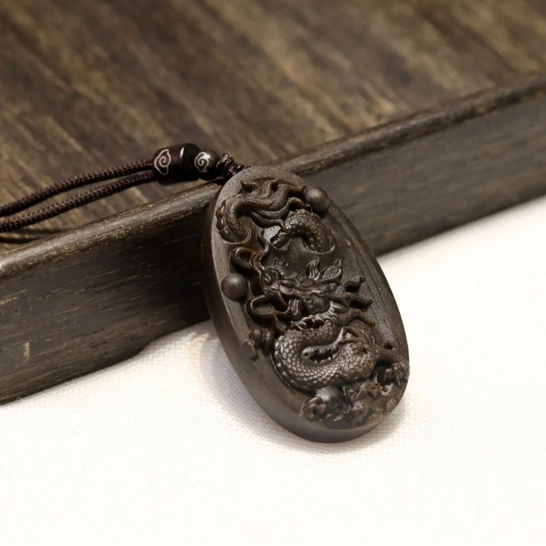 Vietnam Shunhua Ziqi Natural Old Material Agarwood Amulet Carved Dragon Playing with Pearls Amulet Pendant