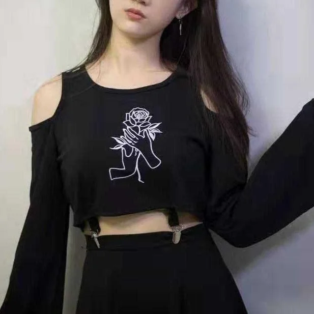 Harajuku Rose Embroidery Black Short Mini A-Line Punk Skirt Set SP17511