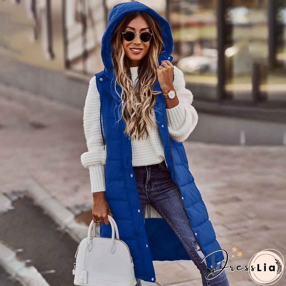 Elegant Cotton Down Zip Button Outwear Winter Solid Sleeveless Vest Hooded Coat Women's Fashion Single Breasted Thickened Jacket