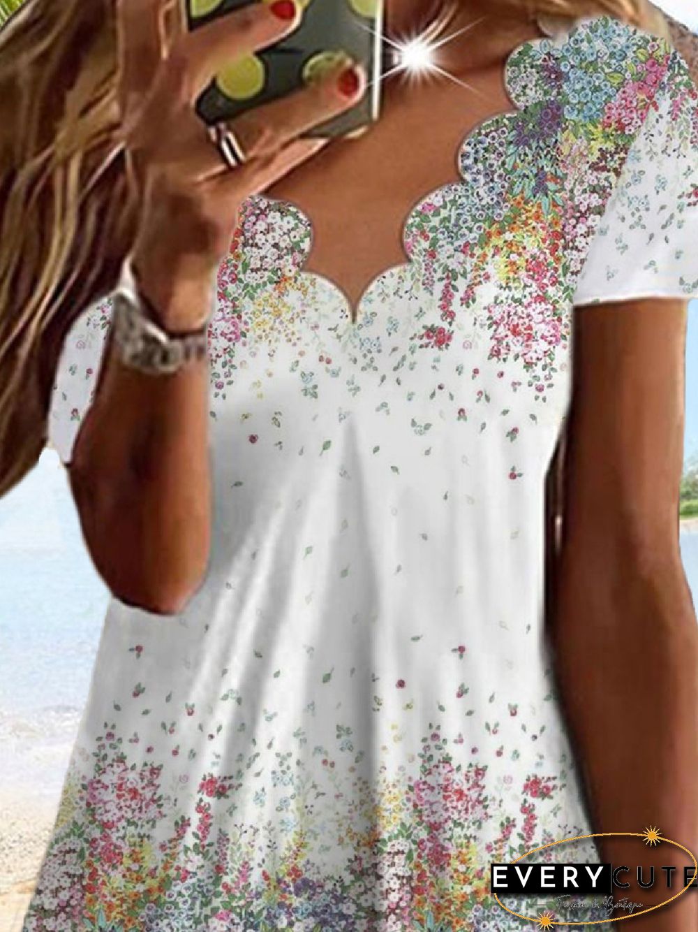 Casual V Neck Floral Short Sleeve T-Shirt