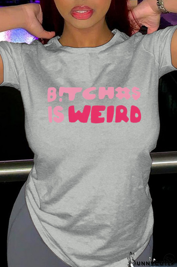 Grey Fashion Street Print Letter O Neck T-Shirts