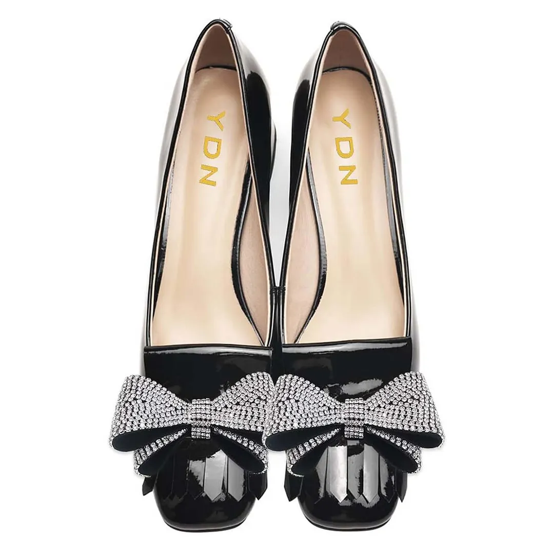 Rhinestone Bow Square Toe Chunky Heel Fringe Black Pumps for Women