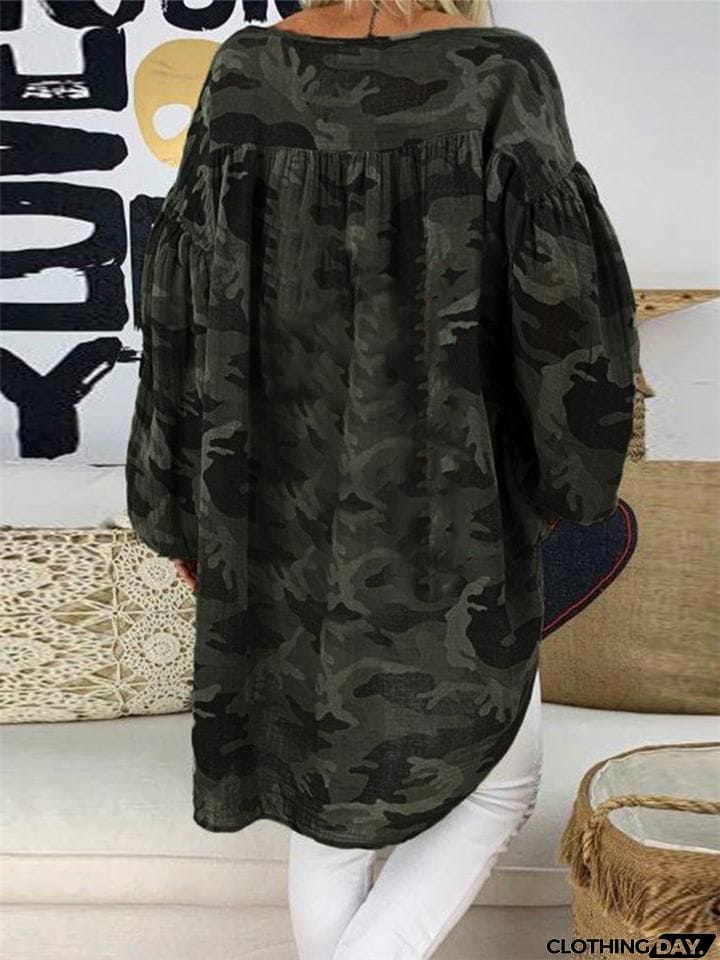 Plus Size Front Tie Details Camouflage Shirt