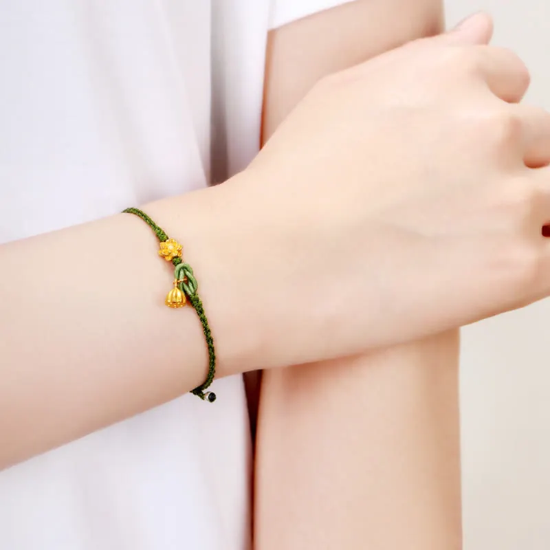 Handmade 999 Gold Lotus Flower Pod New Beginning Braid String Bracelet