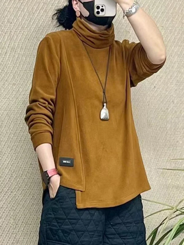 Long Sleeves Loose Asymmetric Solid Color High Neck T-Shirts Tops