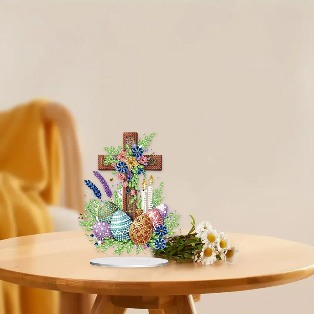 DIY Cross Easter Egg Single-Sided Acrylic Diamond Painting Tabletop Ornament for Home Office Desktop Decor