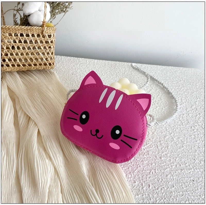 Kid’S Small Pu Leather Cat Cute Round Zipper Crossbody Bag