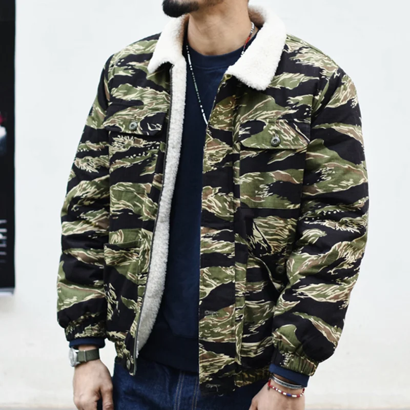 Vintage Tiger Print Camouflage Fleece Double-sided Cotton Jacket