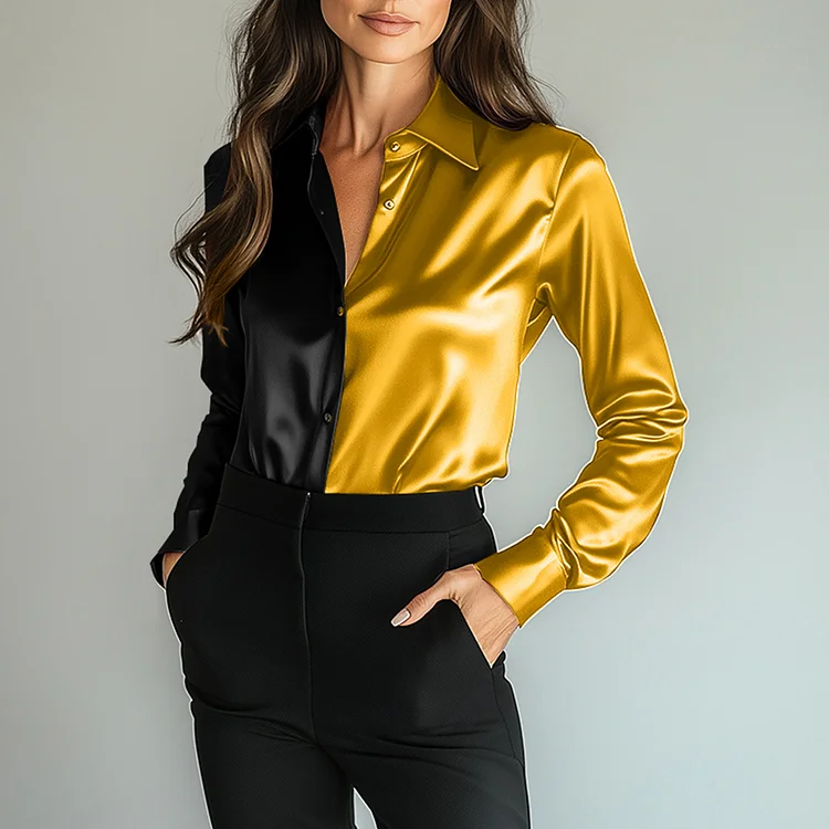 Ursime Satin Colorblock Shirt Collar Button Long Sleeve Blouse