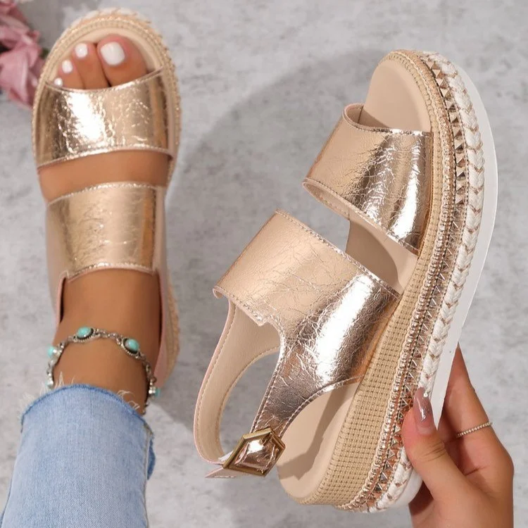 Yyvonne And Summer New Large-Size Hollow Fish Mouth Heel Sandals Women's Pine Cake Silver Bright Buckle Flat Women's Shoes