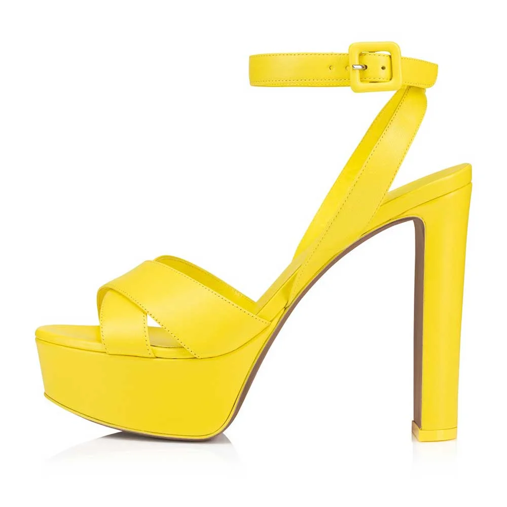 Yellow Vegan Leather Ankle Strappy Platform Sandals With Chunky heels Nicepairs