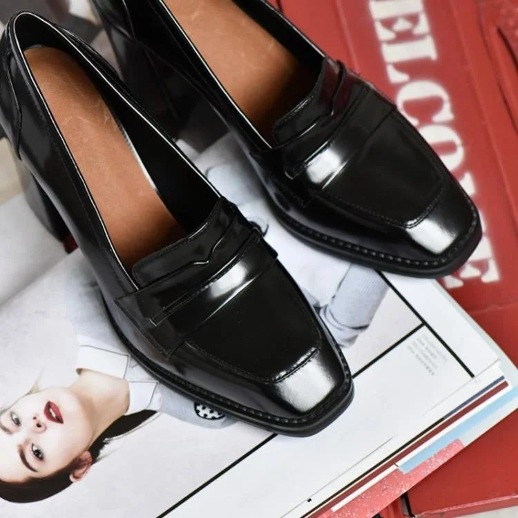 Black Block Heel Square Toe Heeled Loafers for Women |FSJ Shoes