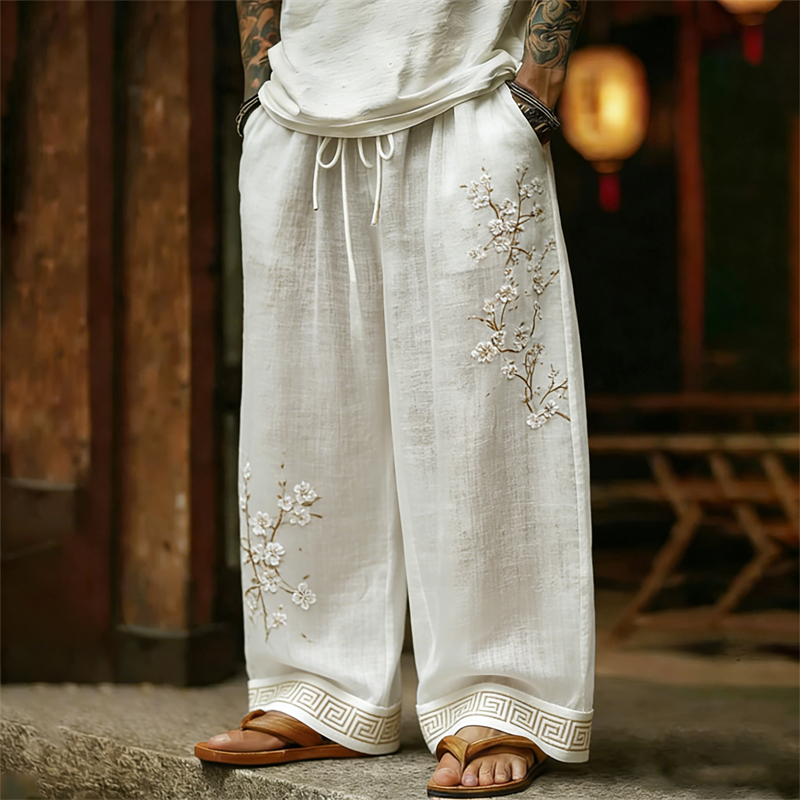 Men's Classy White Almond Blossom Linen Pants  artssus