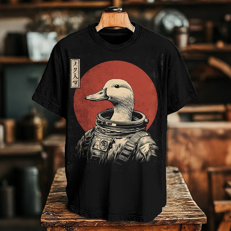 Men's Japanese Style Illustration Duck Astronaut Print Casual T-shirt elevenforest