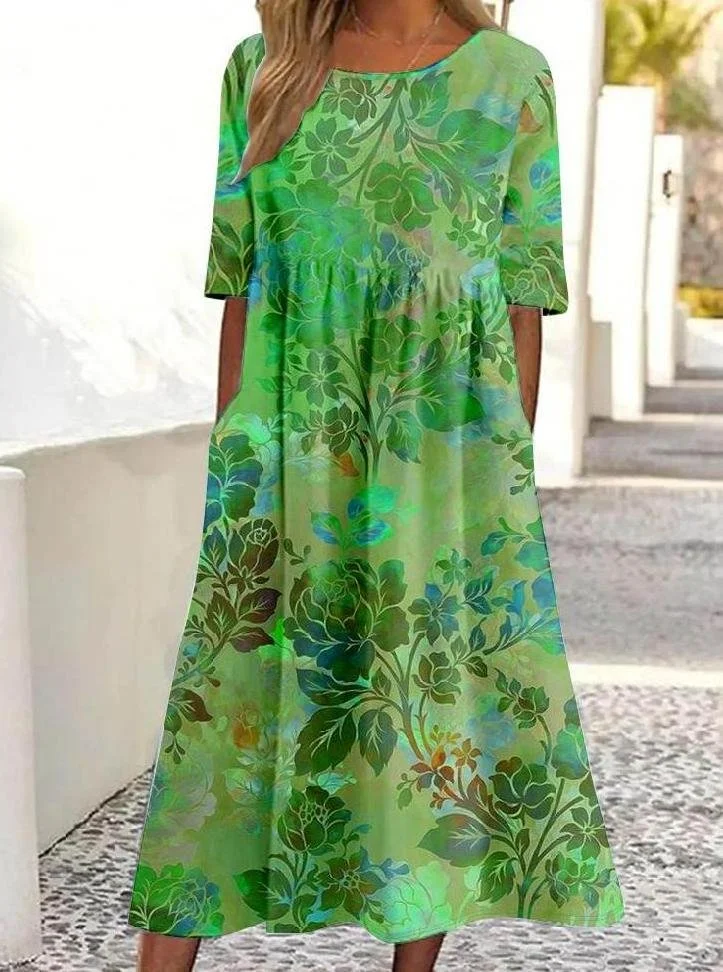 Vintage Floral Print Crewneck Pocket Midi Dress