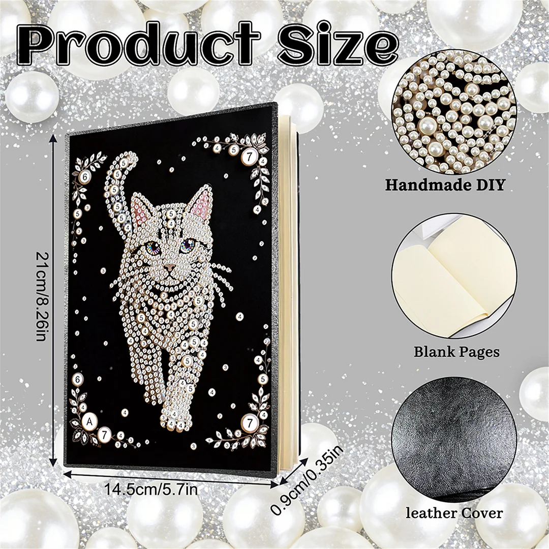 Cat Partial Pearl DIY 50 Pages A5 Diamond Painting Notebook Special Shaped Diamond Art Diary Book Kits Wireless Strip 5D Crystal Art Paintings Sketchbook for Art Drawing