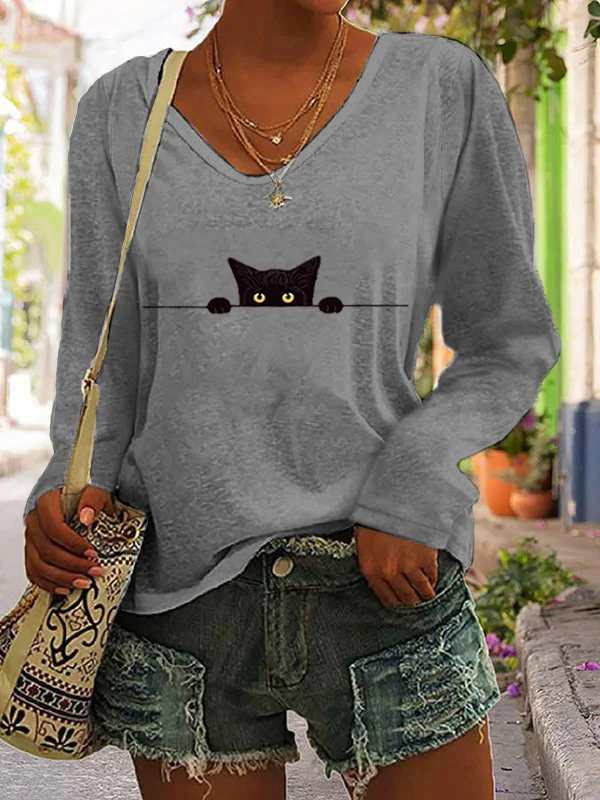 Women's Casual Funny Black Cat Print T-shirt