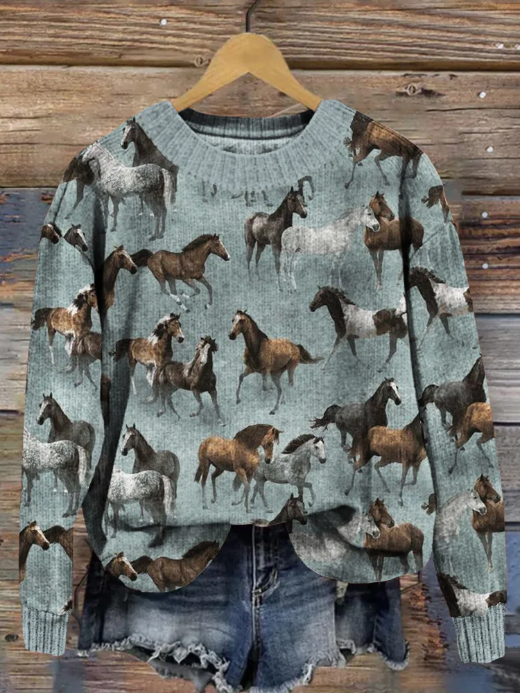 VChics Western Wild Horses Pattern Cozy Knit Sweater