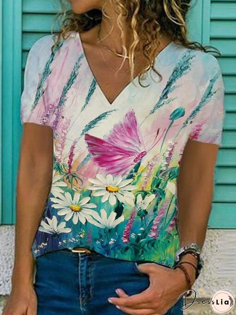 Butterfly Flower Print Loose V-neck Short Sleeve T-shirt