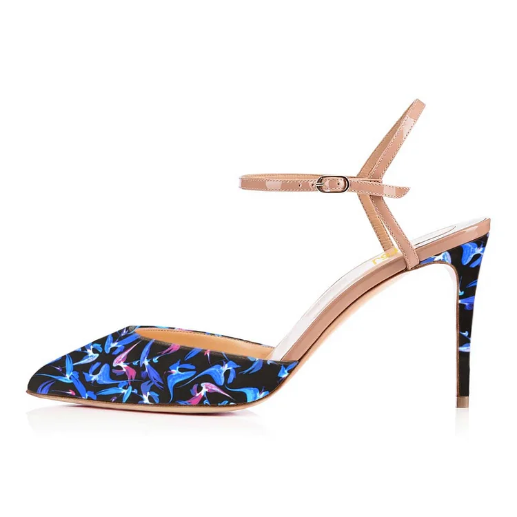Escarpins multicolores à bout pointu avec talons aiguilles et imprimé floral Flusfy