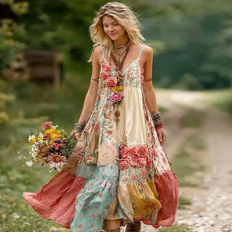 Women's Vintage Boho Floral Art Patchwork Comfy Midi Dress