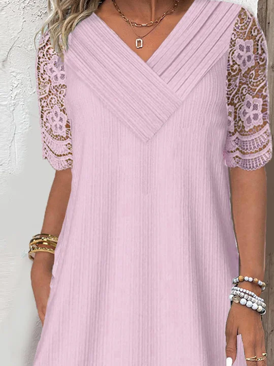 Women Half Sleeve V-neck Solid Color Dress