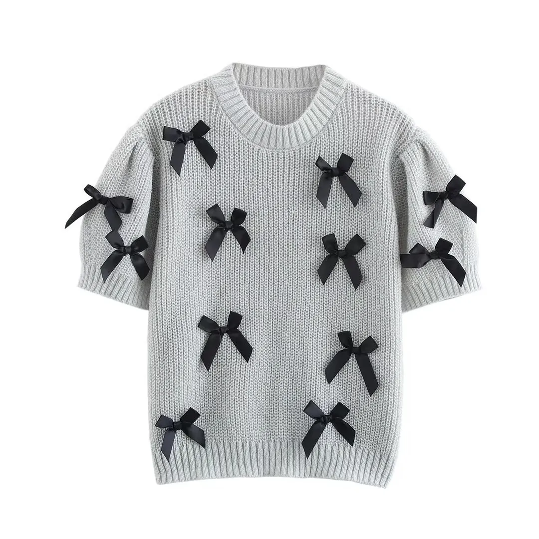 Nigikala Nigikala Autumn Women's Round Collar Bow Decoration Short Solid Color Sweater B88739
