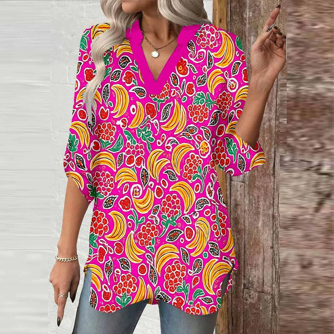 Women Floral, Red, Pink DZGA0468 3/4 Sleeve V-neck Printed Graphic Button Tops