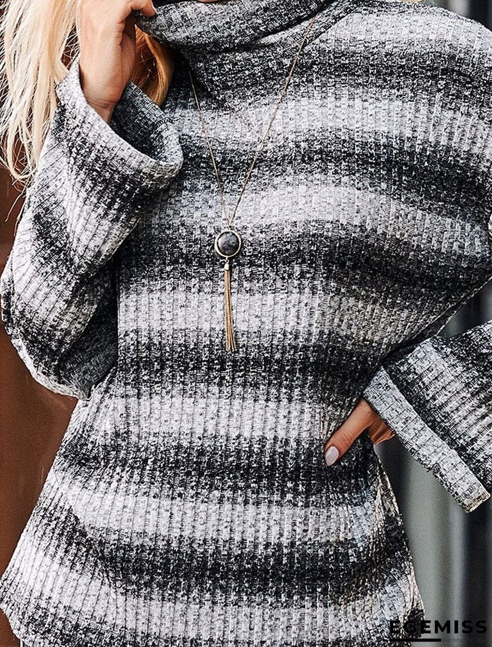Casual Stripe Print Ribbed Knit Turtle Neck Slit Hem Top Women | EGEMISS