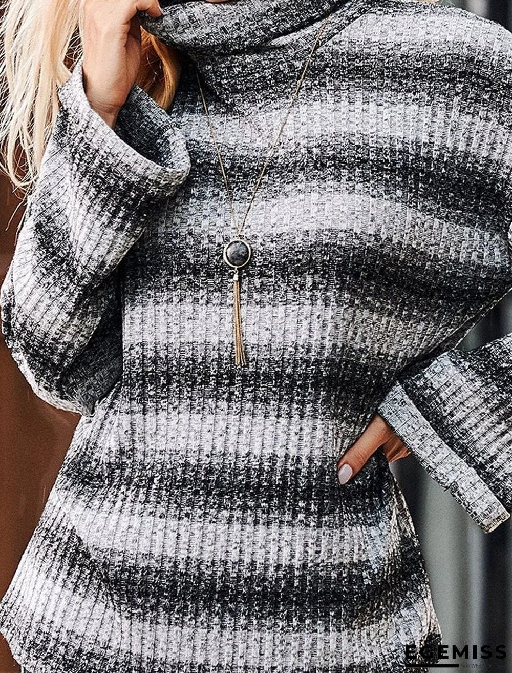 Casual Stripe Print Ribbed Knit Turtle Neck Slit Hem Top Women | EGEMISS
