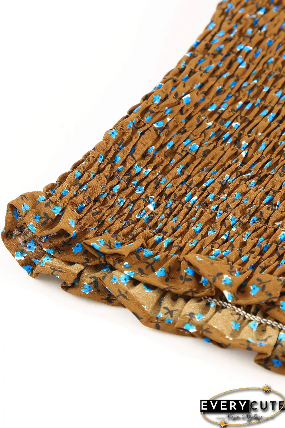 Khaki Square Neck Puff Sleeve Floral Smocked Top