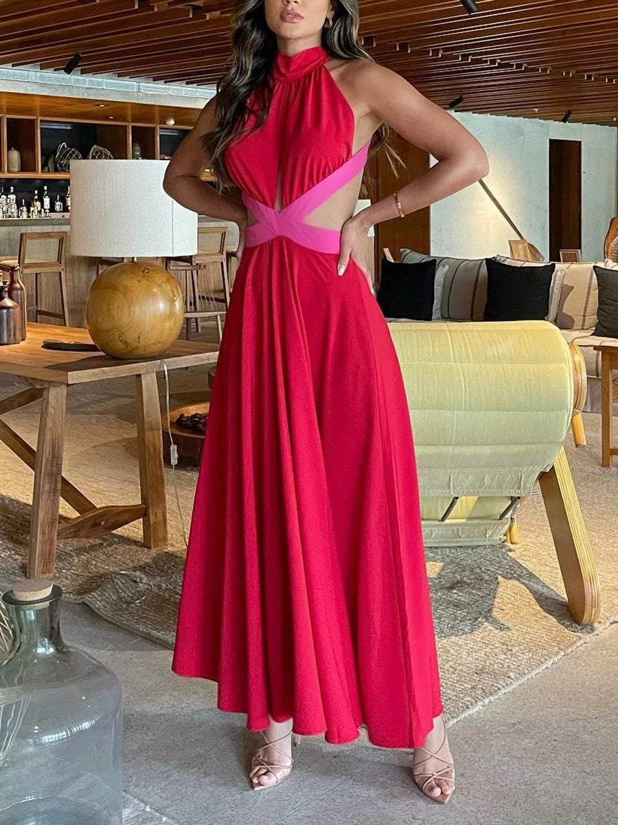 Backless Cross Colorblock Maxi Dress