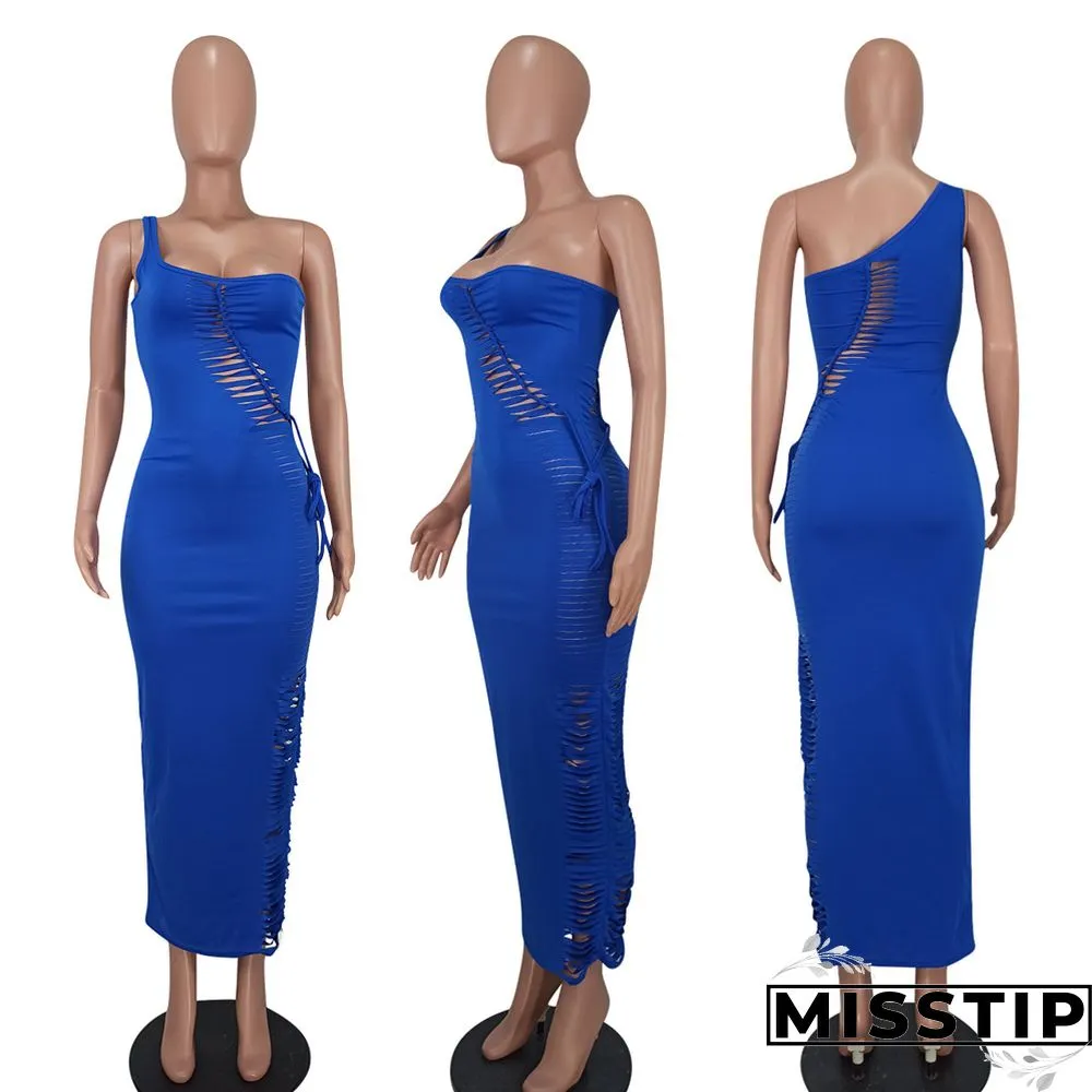 One Shoulder Sleeveless Cut Out Lace Up Maxi Dress